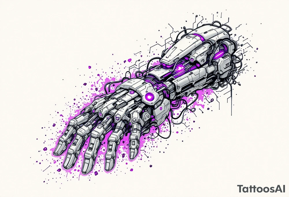 A biomechanical structure starting at the palm in brushed aluminum, surrounded by glowing violet circuitry and torn muscle detail. tattoo idea