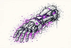 A biomechanical structure starting at the palm in brushed aluminum, surrounded by glowing violet circuitry and torn muscle detail. tattoo idea