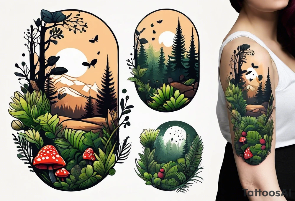 minimalistic forest floor inspired tattoo, which includes grass, moss, curly ferns and dead leaves as the bulk of the tattoo. details to include: forest berries, couple of very small brown mushrooms, a tiny bumblebee flying nearby tattoo idea