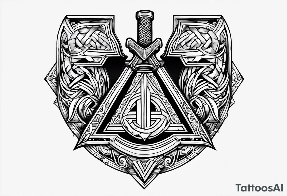 Valhalla sword shield axe Valknut tattoo idea
