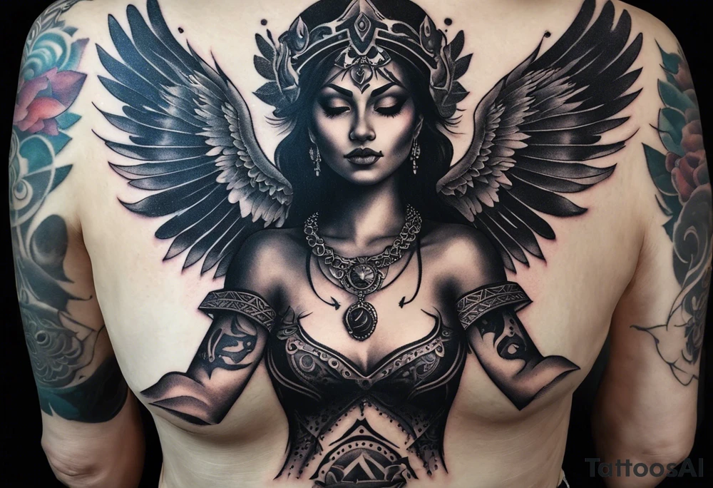 black kali, goddess pirate, alien, angel, pachamama, valkrye, warrior, flying, skull, lotus azul, wing, eagle, zenza resonance, stars, 5D, anahata chakra, death, durga, riding on a tiger, flying lady, chest tatoo tattoo idea