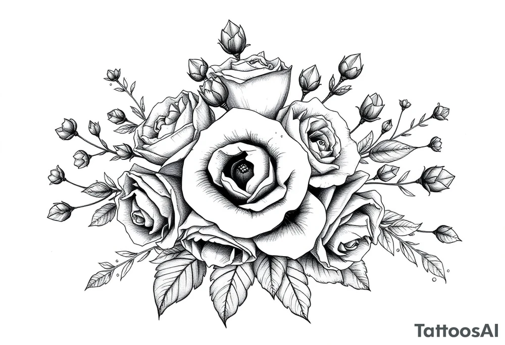 vintage bouquet of wild roses and meadow flowers with morning dew tattoo idea
