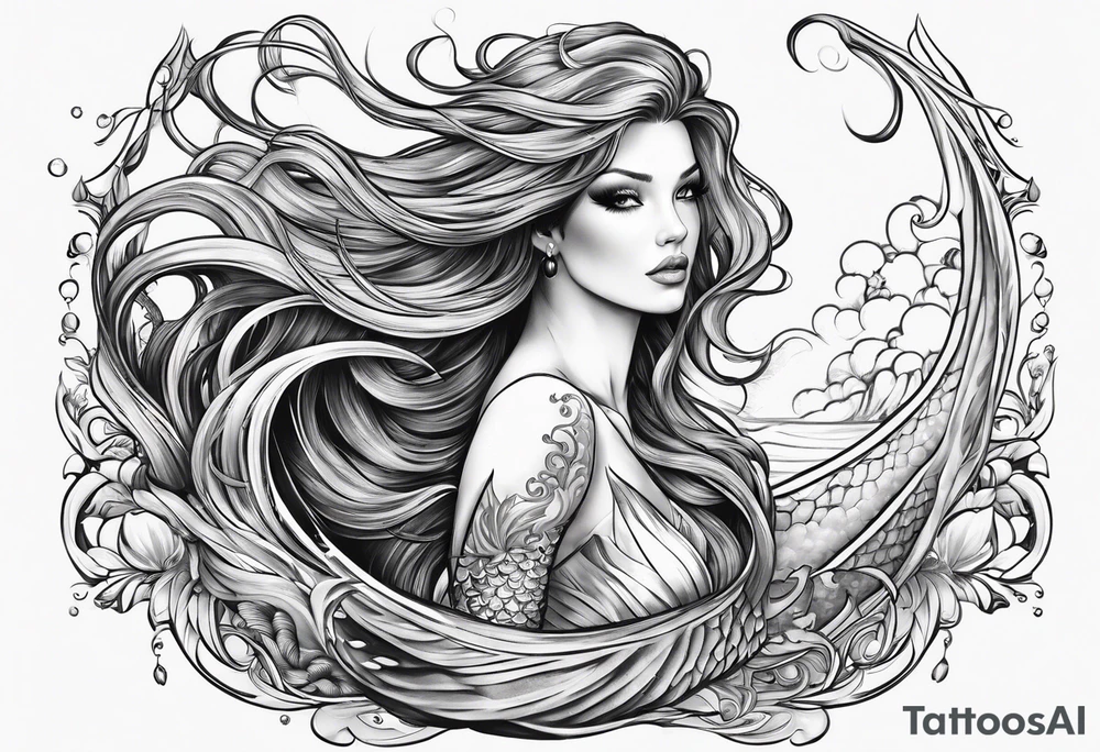mystical sultery
 mermaid with long 
flowing tail and hair, tattoo sleeve tattoo idea