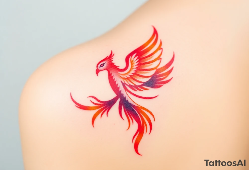 Square, phoenix rising from fire, colors red, pink, orange and purple. tattoo idea