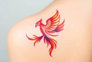 Square, phoenix rising from fire, colors red, pink, orange and purple. tattoo idea