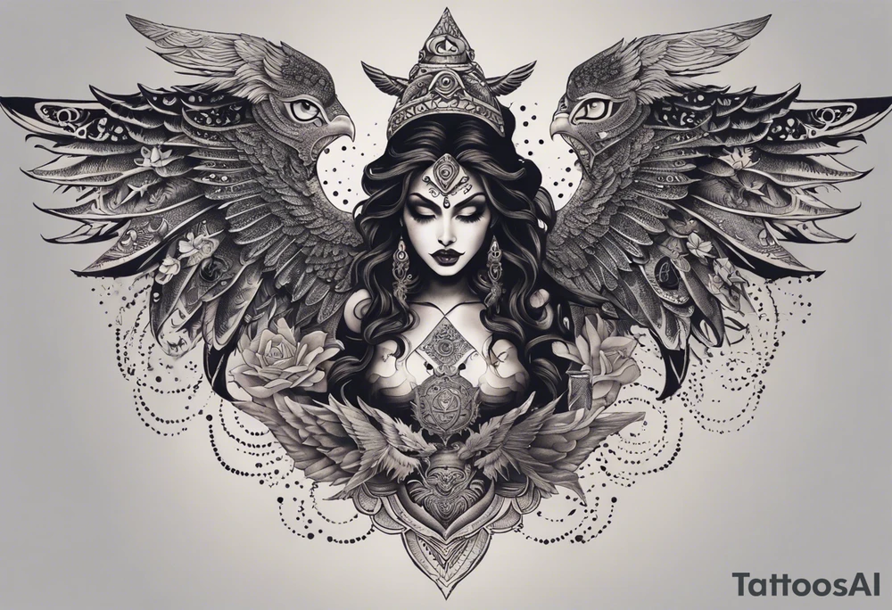 black kali, goddess pirate, alien, angel, pachamama, valkrye, warrior, flying, skull, lotus azul, wing, eagle, zenza resonance, stars, 5D, anahata chakra, death, durga, riding on a tiger, flying lady, chest tatoo tattoo idea
