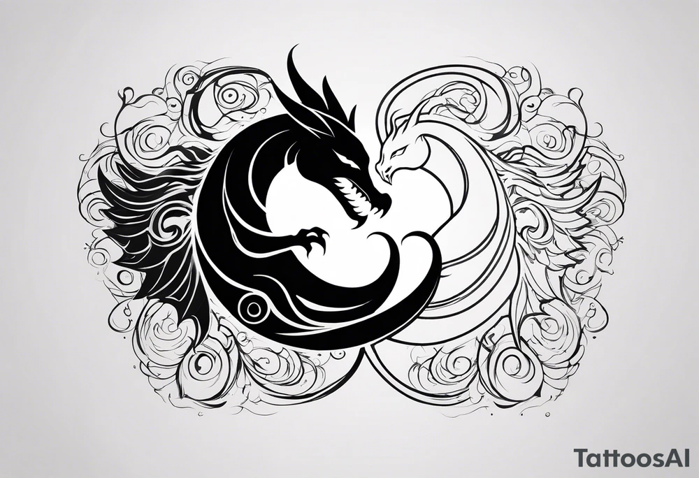 For a Gen Z-inspired dragon and phoenix tattoo, think of a clean, minimalist design that combines symbolism with bold, sleek lines. Imagine a dragon and phoenix spiraling together in a yin-yang-inspired layout. The dragon has a slightly abstract, modern shape, with sharp, flowing lines to show power, resilience, and wisdom, while the phoenix is rendered with sweeping curves and minimal detailing, symbolizing rebirth, growth, and transformation.

Both creatures should interact in a harmonious way, representing balance and duality. To keep it meaningful, focus on line work rather than intricate shading—clear, open spaces allow the tattoo to feel light and energetic. Adding small symbols, like stars or a faint galaxy backdrop, can enhance the "rising from ashes" and "strength through challenge" themes. This design will have a timeless appeal while resonating with Gen Z’s love for symbolism and simplicity. tattoo idea