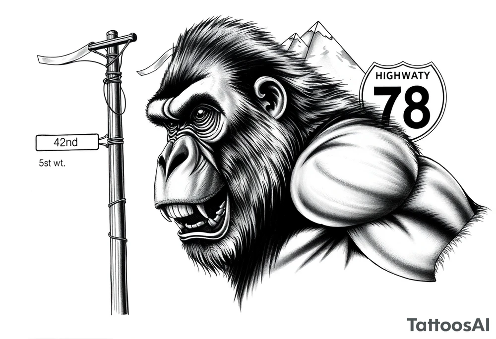powerful aggressive gorilla with a street sign with a pole on the left that says 42nd st w, a highway sign on the right that says highway 78 and pyramids above the ape’s head that have snow on them all in close proximity. tattoo idea