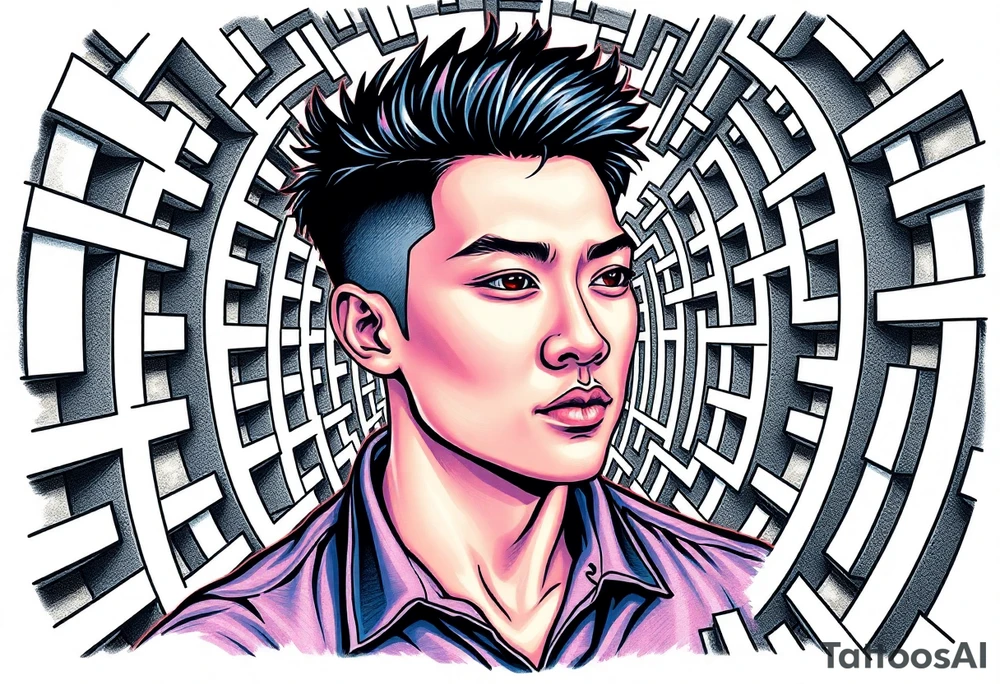Handsome Asian young guy in labyrinth tattoo idea
