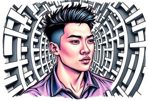 Handsome Asian young guy in labyrinth tattoo idea
