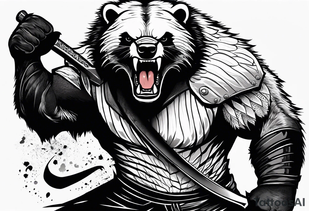 Draw me psychopath Fearless Honey Badger/Berserker with aggressive full body, killer face with a scary smile, very long nails and he attacks like a Bloody Assassin/Warrior/Gladiator to us and also, he has very deadly looking. He fights with his nails only. Everybody scares after their first sight. Give me horror type Badger Tattoo. I want to see his Realistic full body with no weapons. You can show destruction at the back. tattoo idea