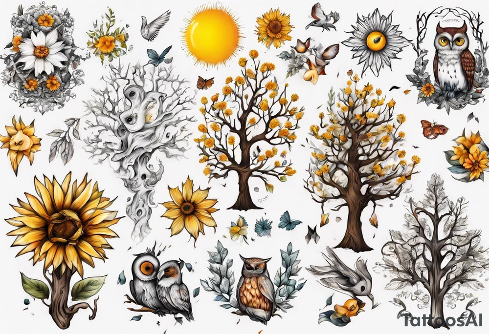 wasser, sonne, eule  wald, 
blume des lebens, 
baum, berlin tattoo idea