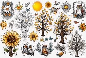 wasser, sonne, eule  wald, 
blume des lebens, 
baum, berlin tattoo idea