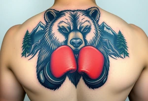 grizzly bear wearing boxing gloves for a match as a person would. The surrounding area is mountainous jungle tattoo idea