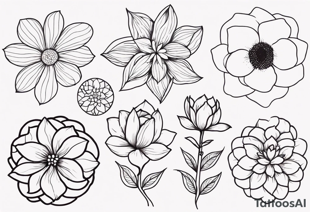 seven different flower tattoo idea