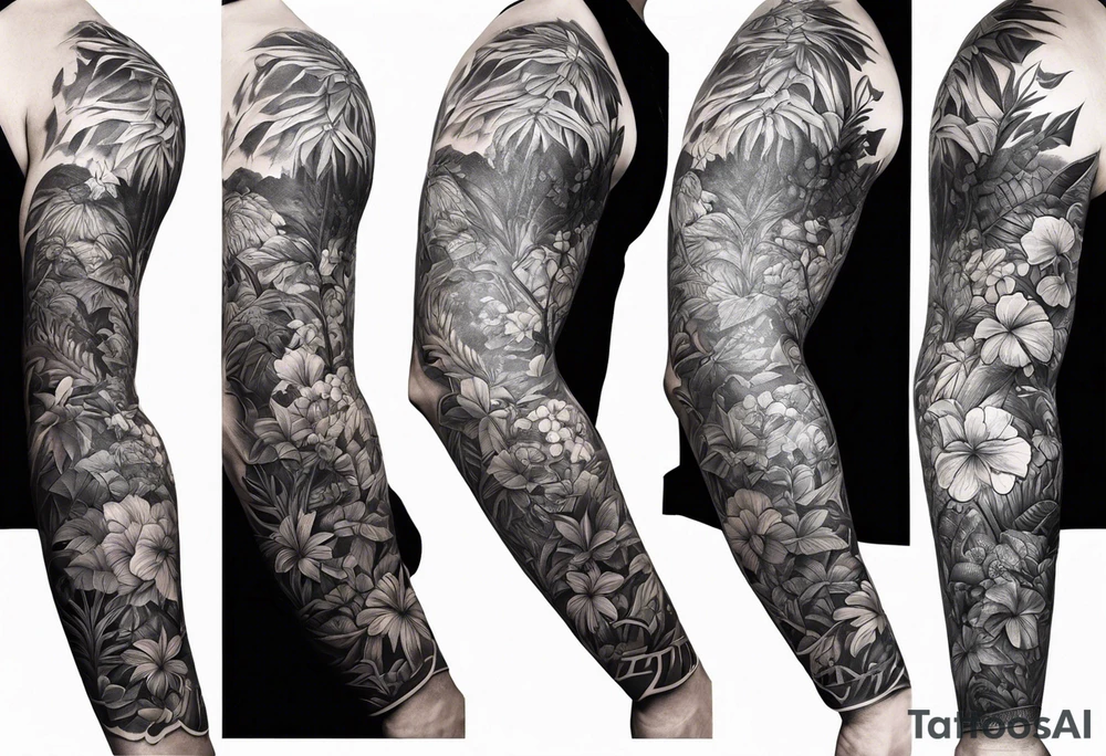 full arm sleeve tattoo with St. Benedict Medal surrounded by jungle plants tattoo idea