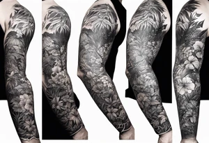 full arm sleeve tattoo with St. Benedict Medal surrounded by jungle plants tattoo idea