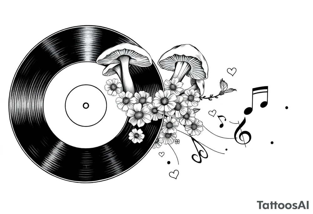 vinyl record with mushrooms, flowers, hearts, and music notes tattoo idea