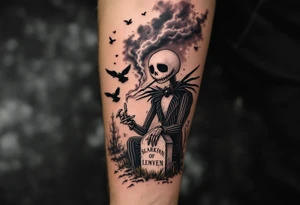 jack skellington smoking,sitting on tombstone, birds, thunderstorm tattoo idea