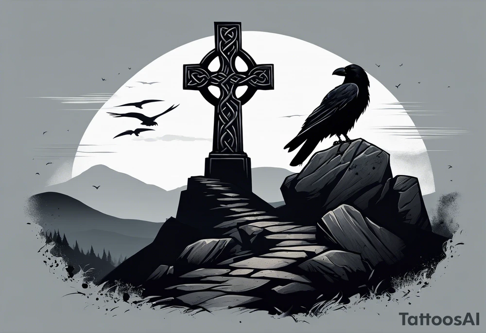 A stone Celtic cross solemnly standing atop a hill, a raven perches atop the cross staring out over the desolation. A ruined stone wall lies crumbling near the cross. Mist rolls along the hilltops adding to the melancholic nature of the scene tattoo idea