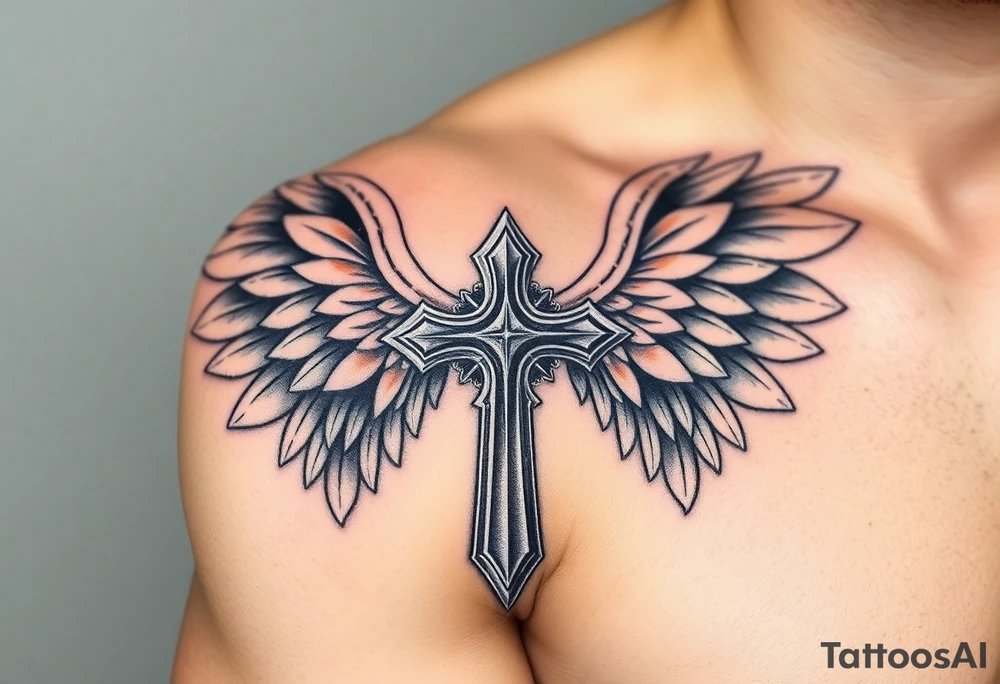 A silver gothic cross with large angelic wings, softly shaded in white and gray, glowing with divine golden light tattoo idea