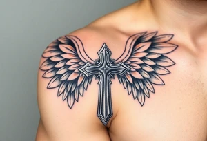 A silver gothic cross with large angelic wings, softly shaded in white and gray, glowing with divine golden light tattoo idea
