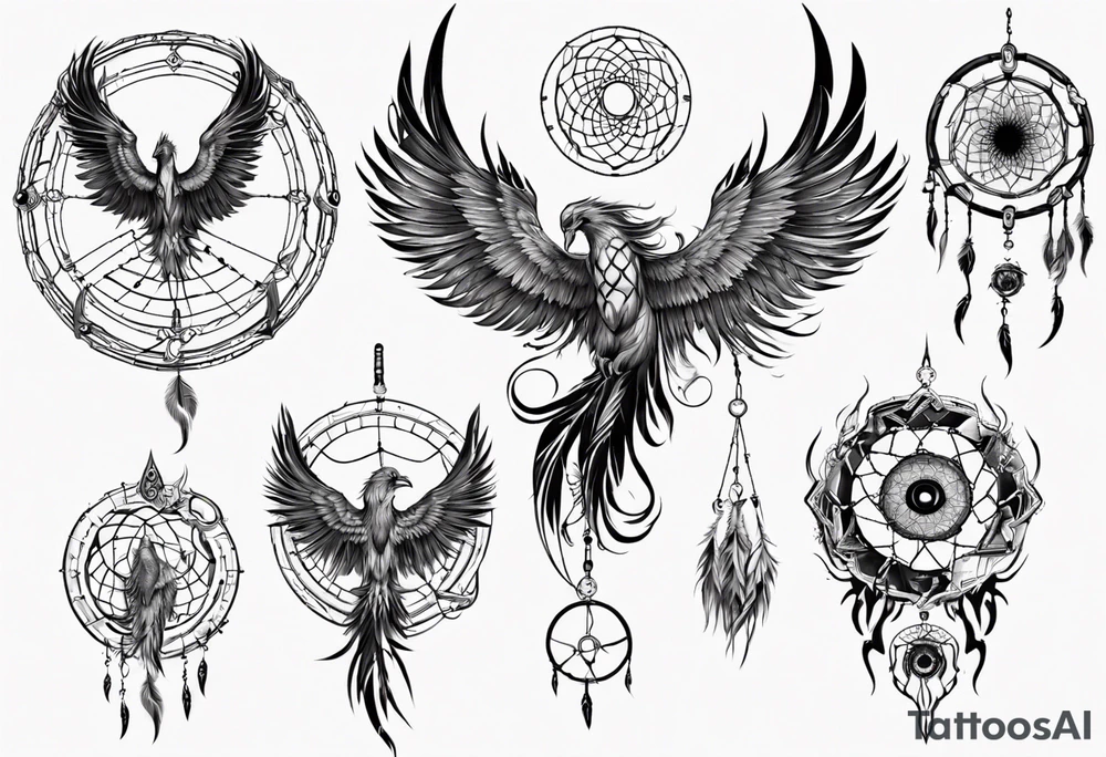 Fire Phoenix flying dream catcher tattoo idea