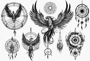 Fire Phoenix flying dream catcher tattoo idea
