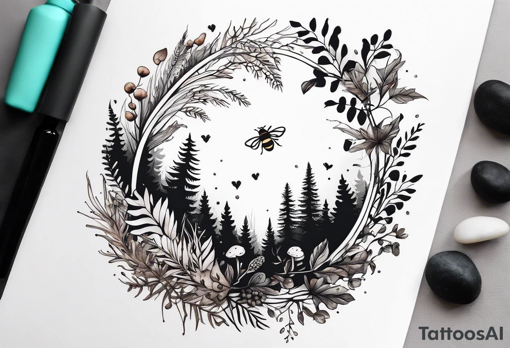 forest floor inspired minimalist tattoo, which includes grass, curly ferns, moss and dead leaves as the bulk of the tattoo. details to include: forest berries, a tiny bumblebee flying nearby, three small brown mushrooms
Generate a vertically long one tattoo idea
