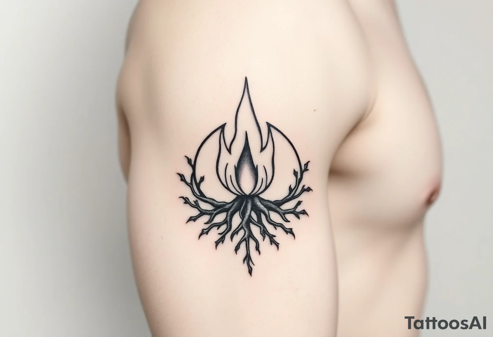 flame in a blooming roots circle tattoo idea