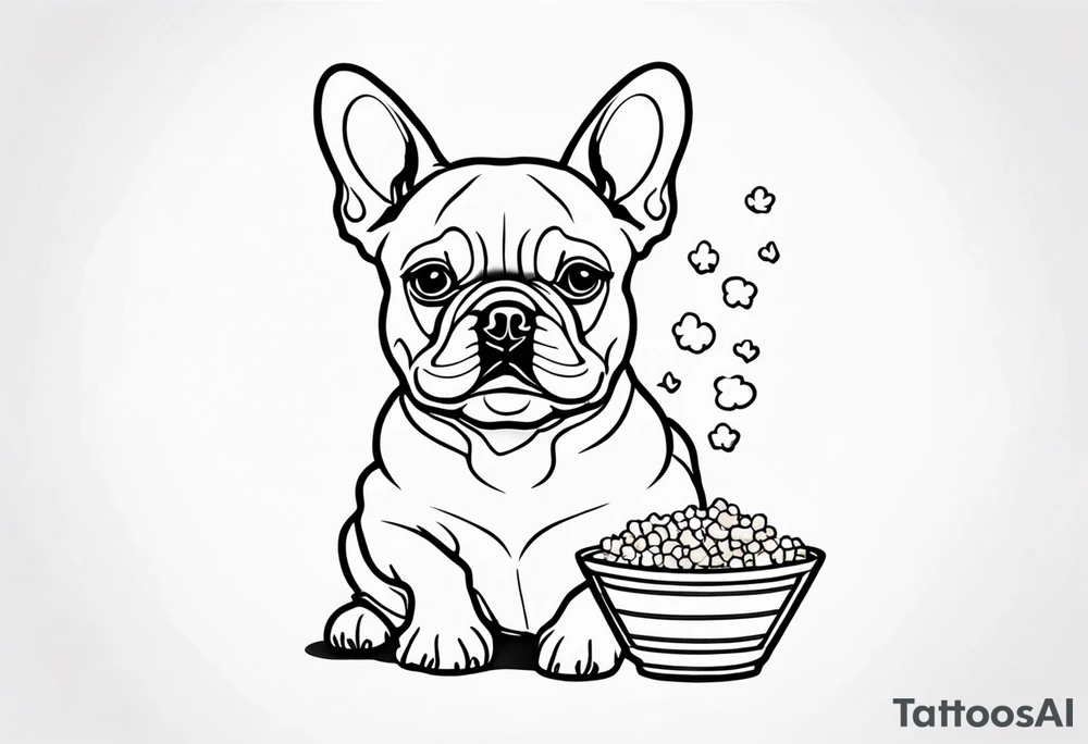 A fine line tattoo of a french bulldog eating popcorn tattoo idea