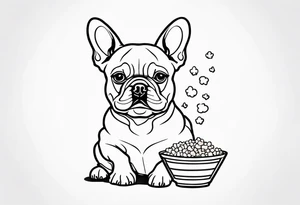 A fine line tattoo of a french bulldog eating popcorn tattoo idea