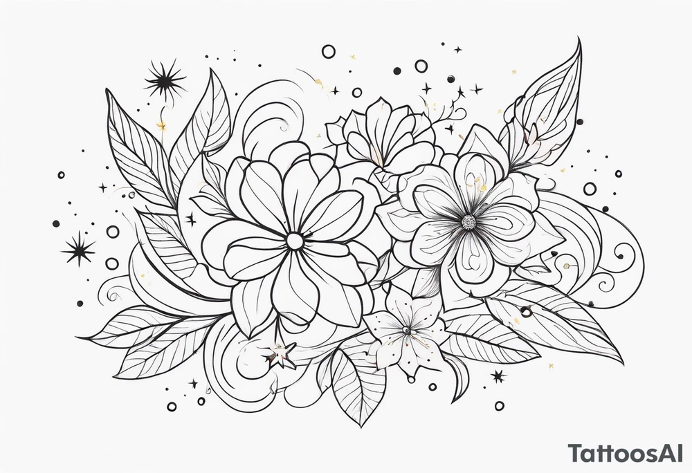 fine line floral with stars, swirls, dots tattoo idea