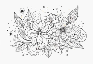 fine line floral with stars, swirls, dots tattoo idea