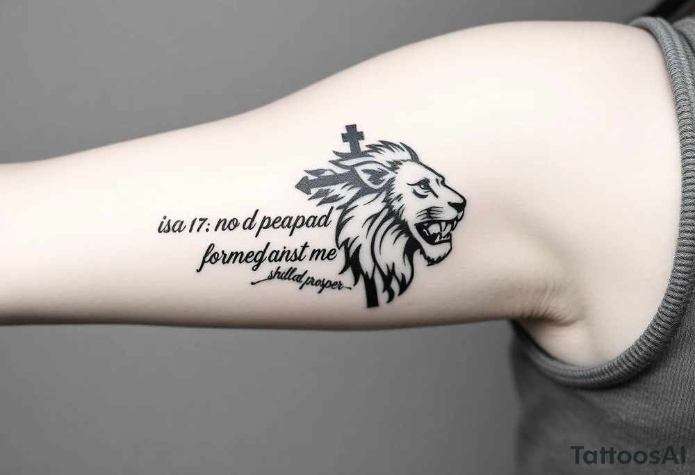 A image that depicts, Isaiah 54:17, no weapon formed against me shall prosper. That will also blend with my forearm tattoo of Jesus, the cross and a lion. tattoo idea