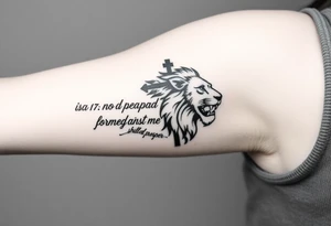 A image that depicts, Isaiah 54:17, no weapon formed against me shall prosper. That will also blend with my forearm tattoo of Jesus, the cross and a lion. tattoo idea