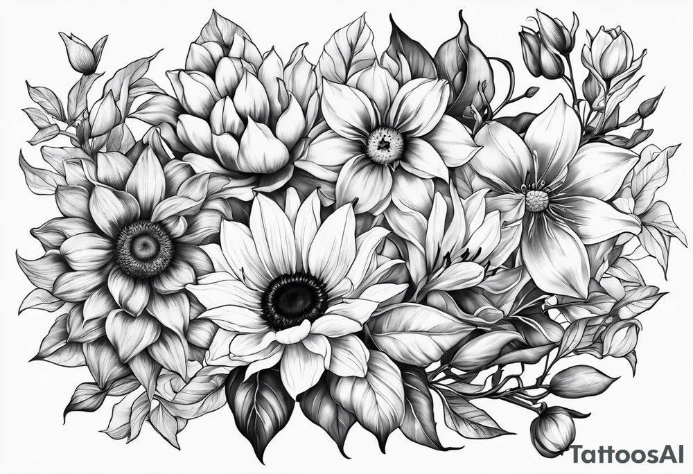 One each sunflower, lily, peony, cherry blossom and tulip tattoo idea