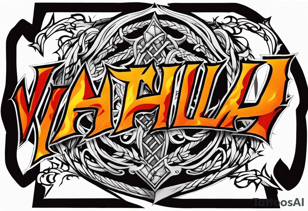 Valhalla on fire 
sword shield barbed  wire tattoo idea
