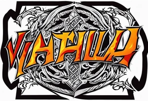 Valhalla on fire 
sword shield barbed  wire tattoo idea