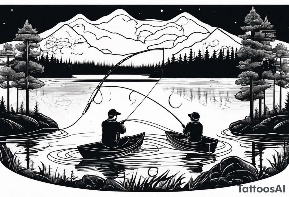 Father, son, and daughter fishing in a lake surrounded by trees. tattoo idea