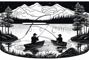 Father, son, and daughter fishing in a lake surrounded by trees. tattoo idea