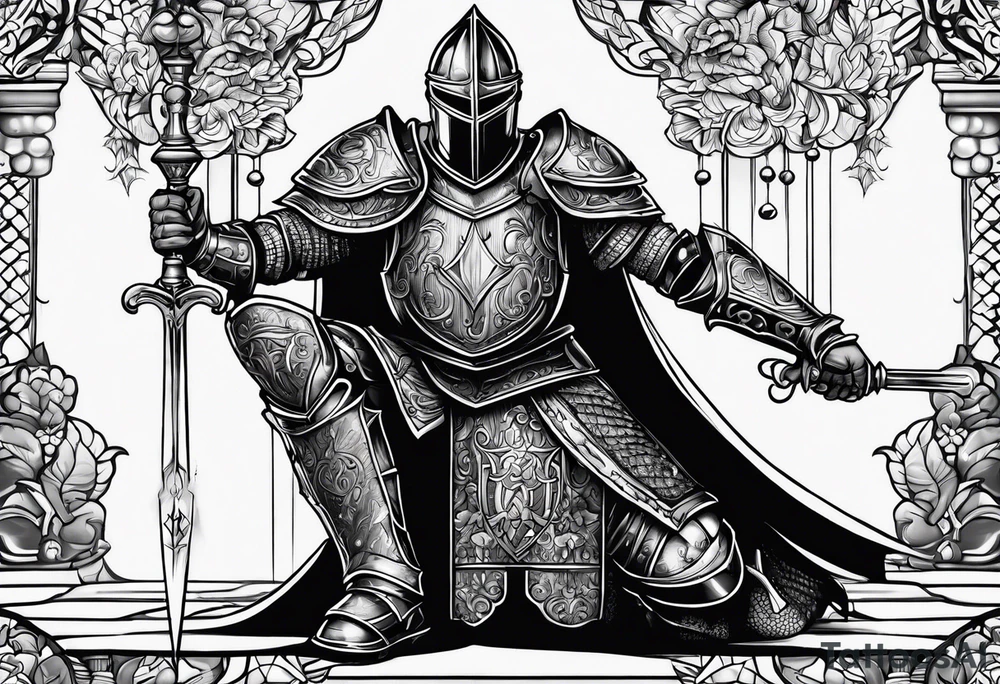 knight kneeling down, lamps above tattoo idea