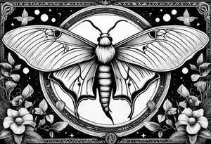 luna moth with moon phases arched under it and the words "carpe noctem" above it tattoo idea