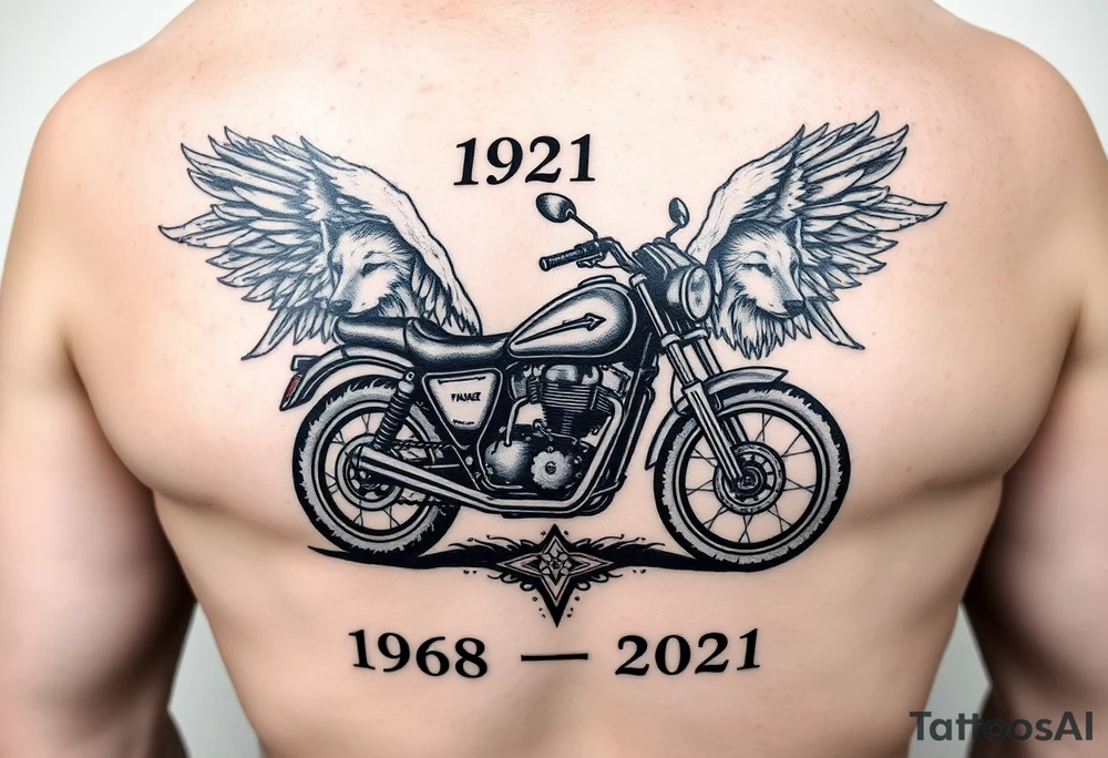 the year 1958 - 2021 with a motorcycle on it with guardian angel wolves tattoo idea