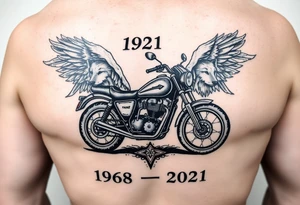 the year 1958 - 2021 with a motorcycle on it with guardian angel wolves tattoo idea
