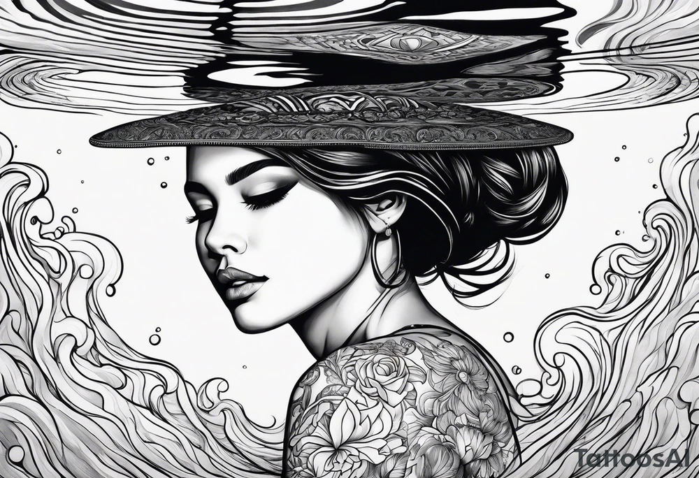 girl floating on still water with ripples bouncing off of her tattoo idea