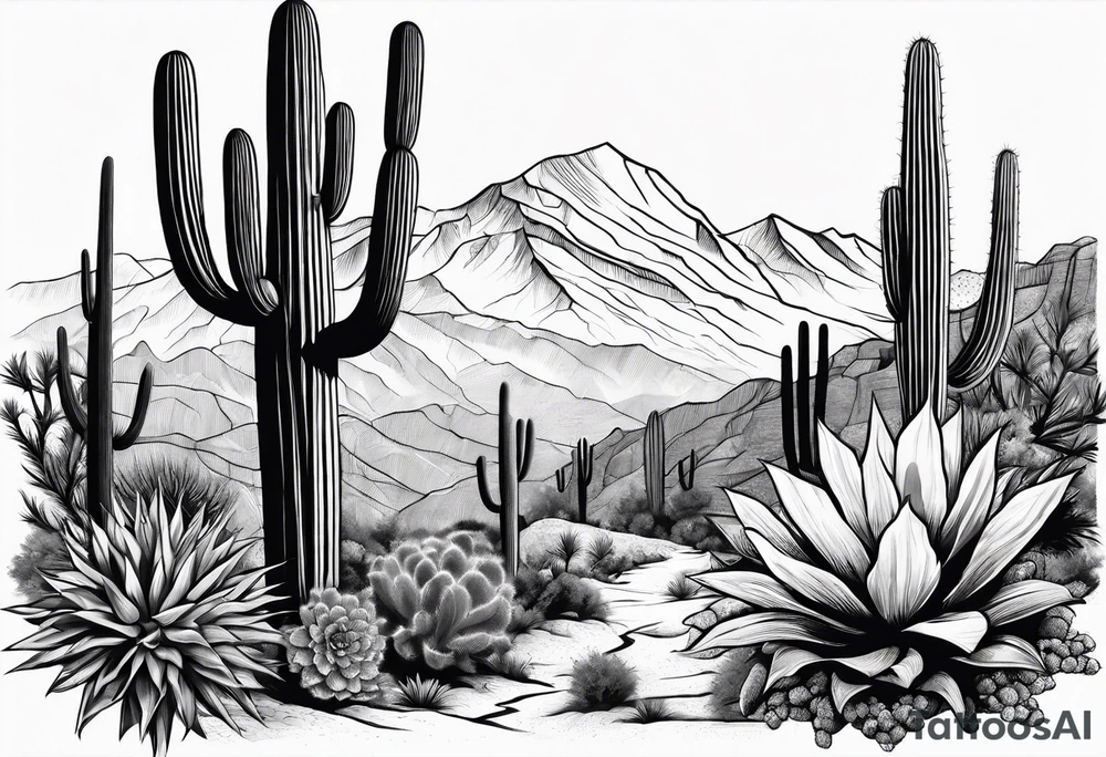 Forearm vertical, cactus, mountain, male hiker tattoo idea