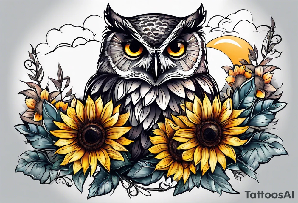 Owl and sunflower sleeve tattoo idea