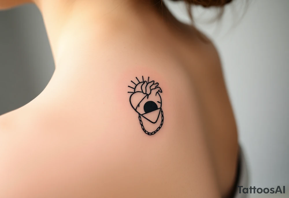 human heart chained within circle sun with a moon inside tattoo idea