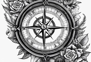 full sleeve tattoo with compass, lighthouse, bermuda triangle, crown and anchor dice, lightning in background tattoo idea